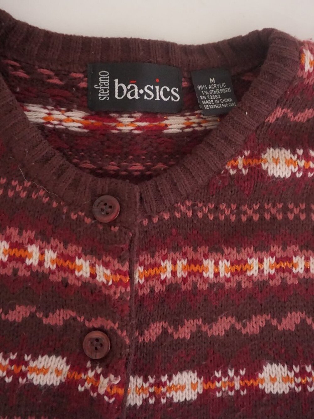 Vintage Stefano Burgundy Fair Isle Nordic Button Front Knit Cardigan M - Picture 9 of 9